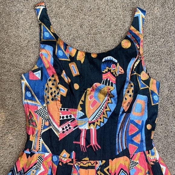 Gorman Vintage VTG Novelty Silk Fiesta Bird Fish Boho Geometric Tank Midi Dress - Picture 3 of 9